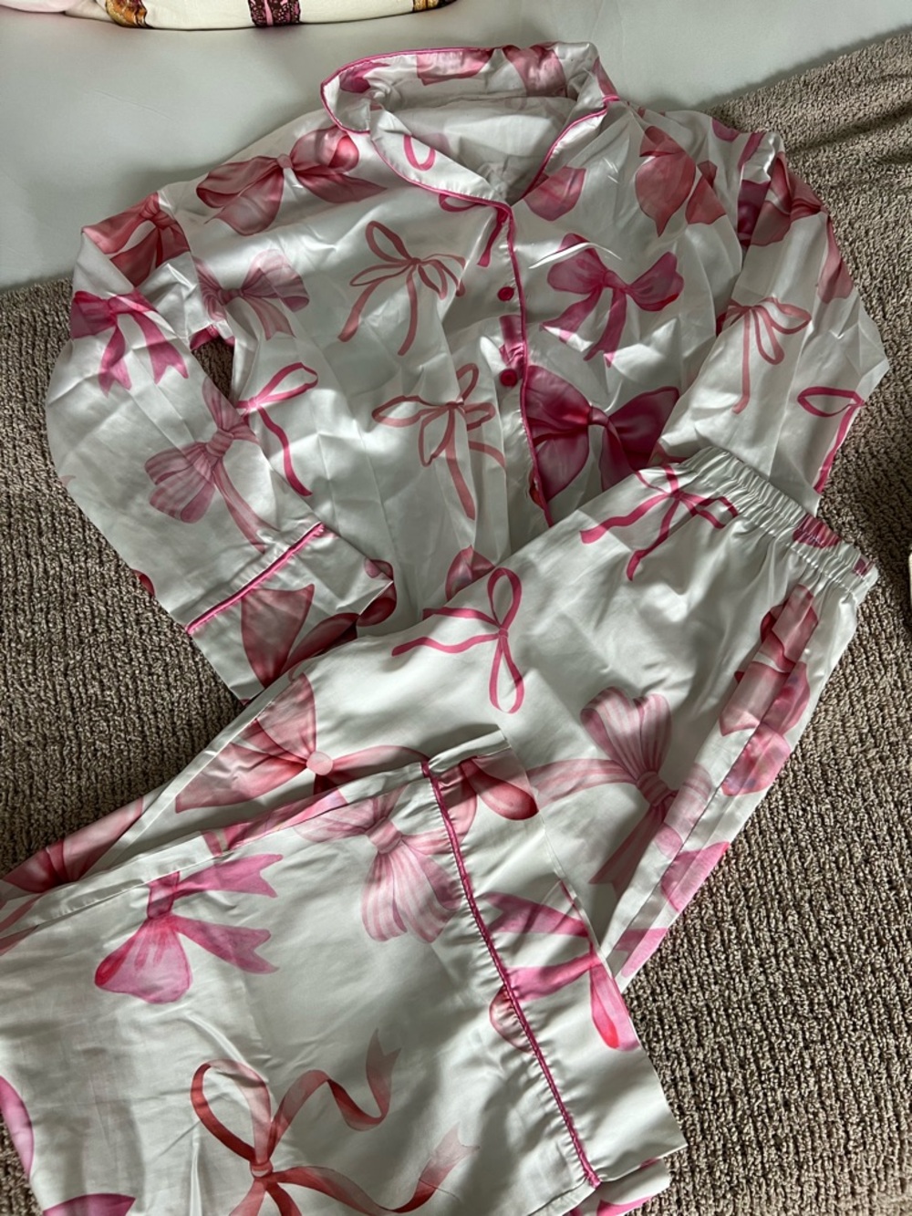 Satin Bow-Print Pajama Set - Pink